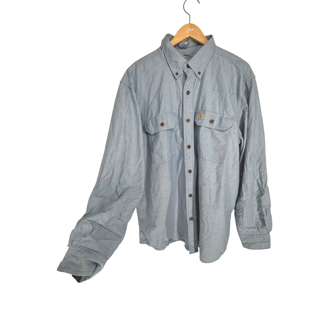 Carhartt Mens Cotton Long Sleeve Button Workwear Shirt Size XL Blue UtilityLogo